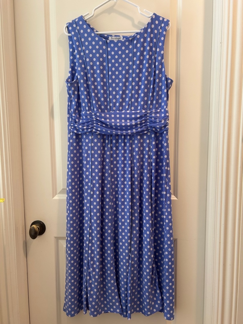 NorthStyle Periwinkle Blue Polka Dot Sleeveless Midi Dress ruched seams size 14